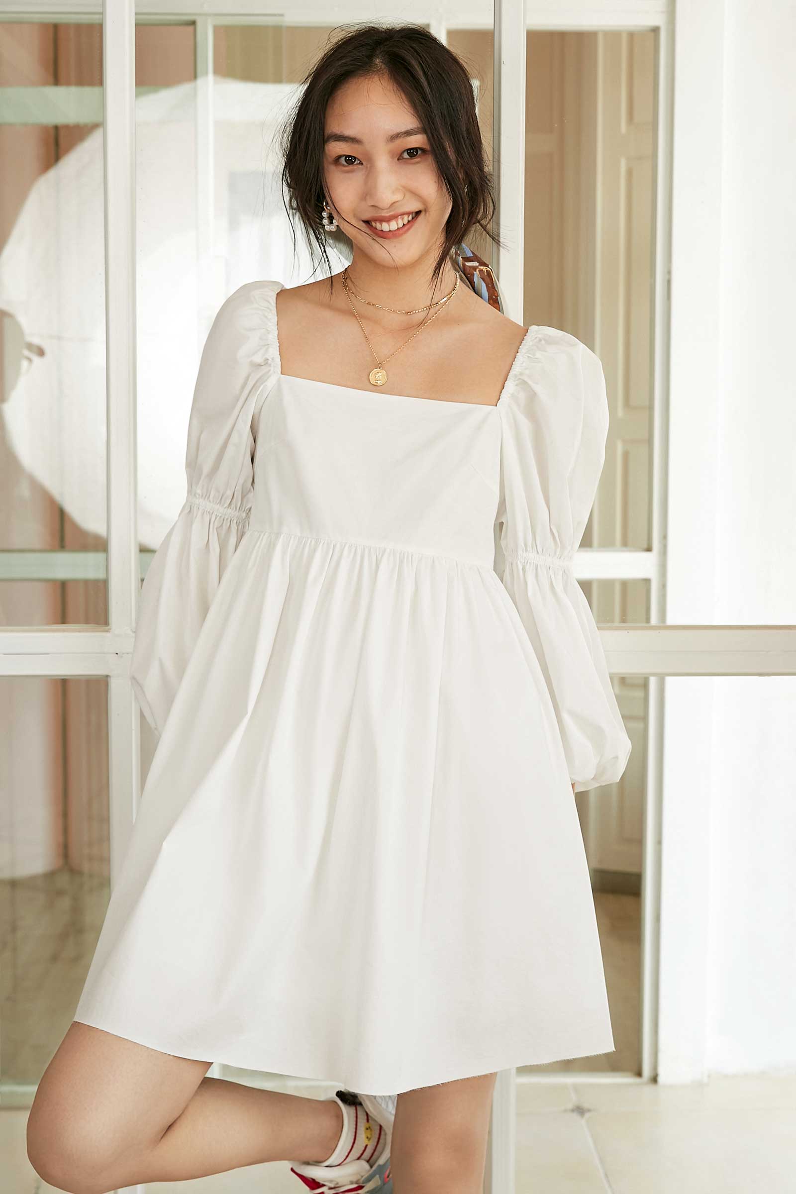 Square Neck Empire Waist Puff Sleeve Babydoll Mini Dress