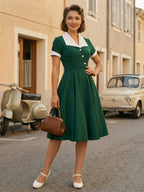 Contrast Lapel Collar Short Sleeve Retro Swing Dress For Women 2026