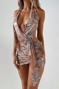 Khaki Halter Wrap Neck Side Cutout Sash Tie Abstract Print Mini Dress