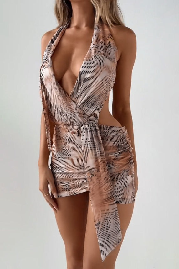 Khaki Halter Wrap Neck Side Cutout Sash Tie Abstract Print Mini Dress