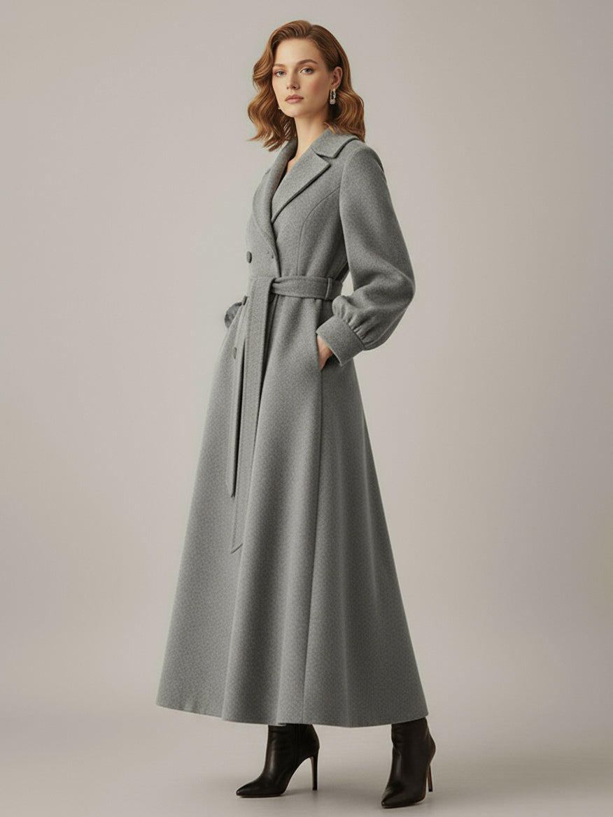 Belted Double-Breasted Woolen Full-Length Coat With Balloon Sleeves For Women 2026