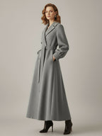 Belted Double-Breasted Woolen Full-Length Coat With Balloon Sleeves For Women 2026