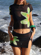 Mesh Flower Print Short Sleeve Tee & Slit Mini Skirt Set