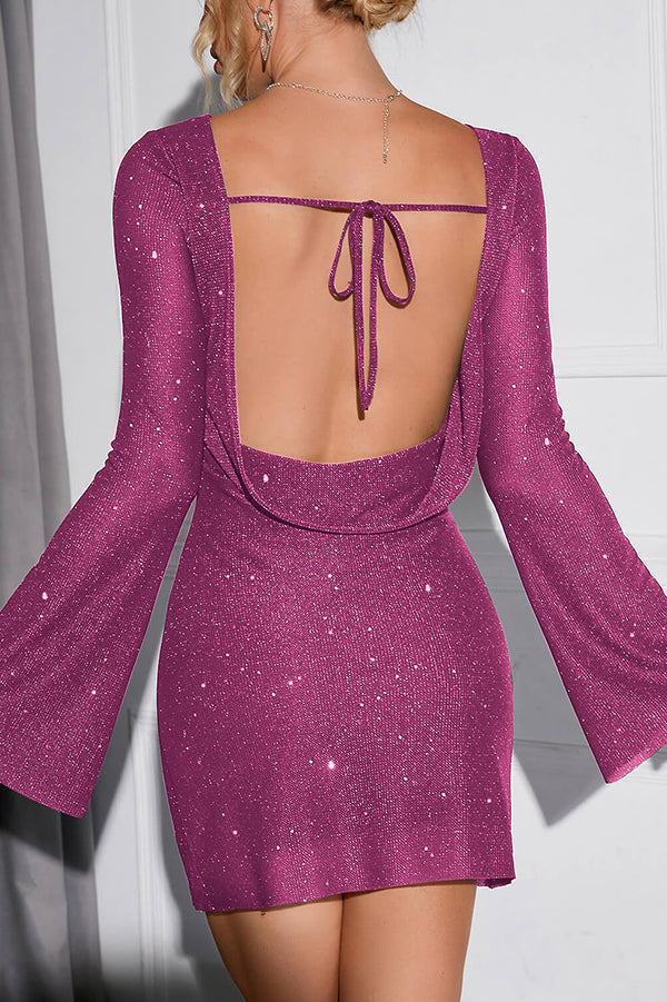 Sequin Boat Neck Bell Sleeve Bodycon Mini Dress