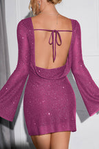 Sequin Boat Neck Bell Sleeve Bodycon Mini Dress