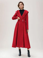 Flared Woolen Coat For Woman Hooded Gray Belted A-line Winter Long Outerwear 2026