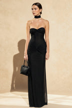Sequin Strapless Sweetheart Neck Ruched Knot Hip Sheer Mesh Maxi Dress