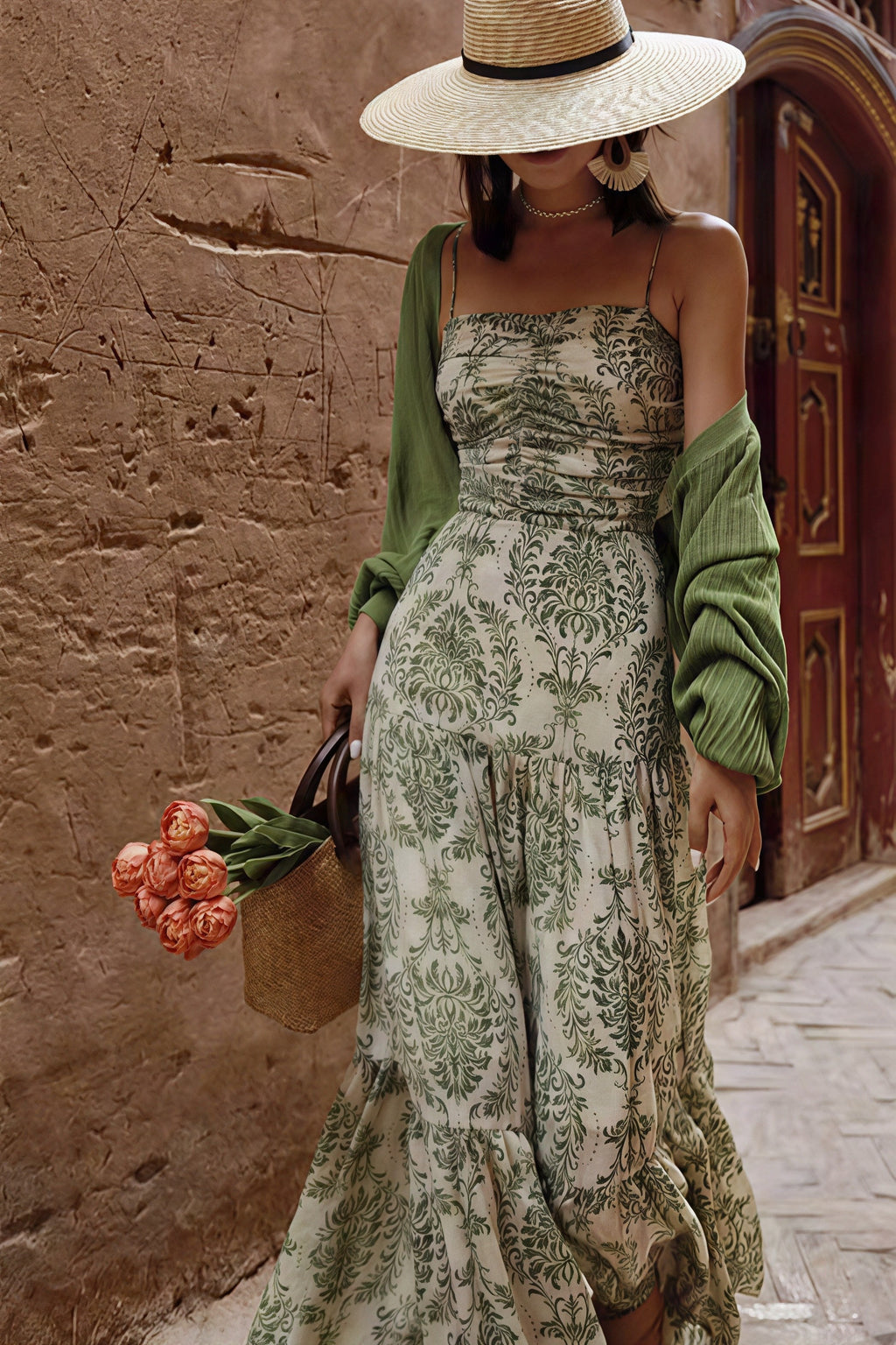 Green Spaghetti Strap Square Neck Ruched Damask Print Tiered Maxi Dress