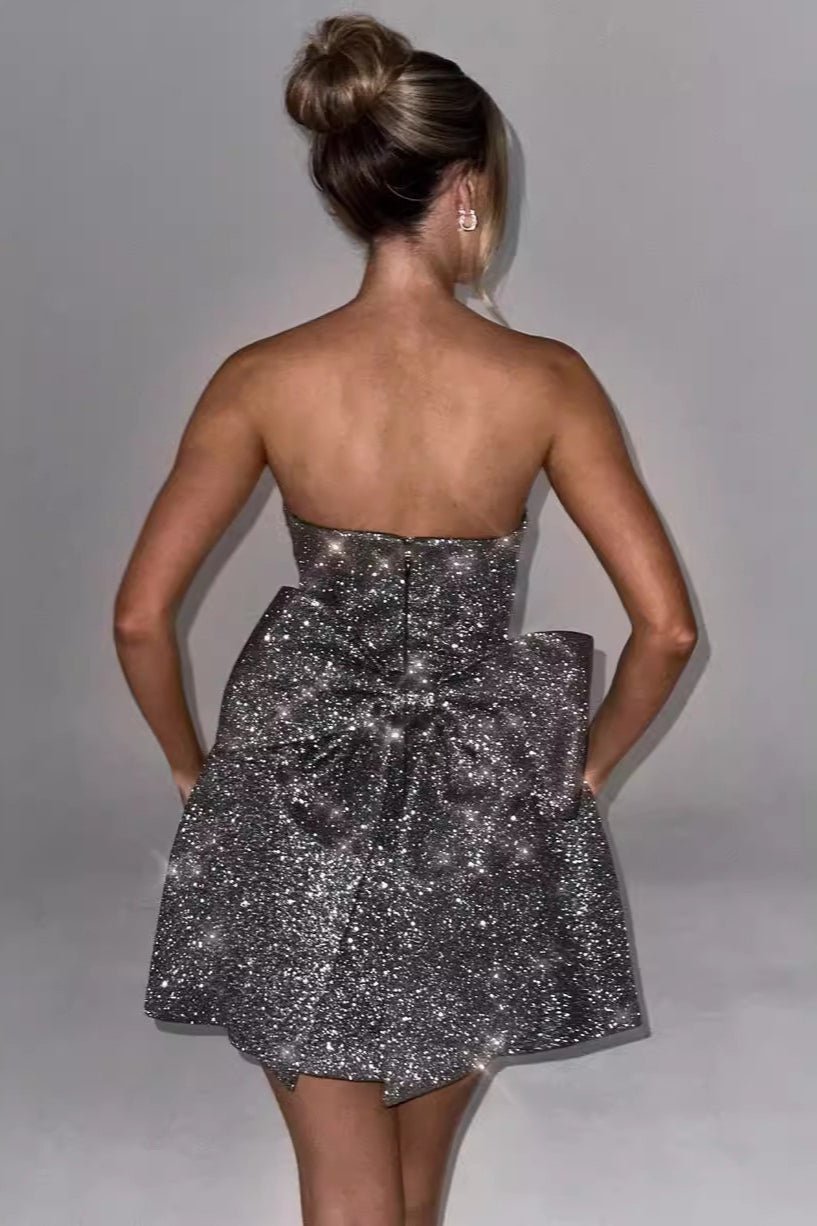 Strapless Glitter Oversized Back Bow Corset Bodice A-Line Mini Dress