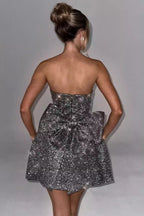 Strapless Glitter Oversized Back Bow Corset Bodice A-Line Mini Dress