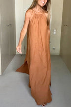 Linen Blend Halter Neck Gathered A-Line Maxi Dress