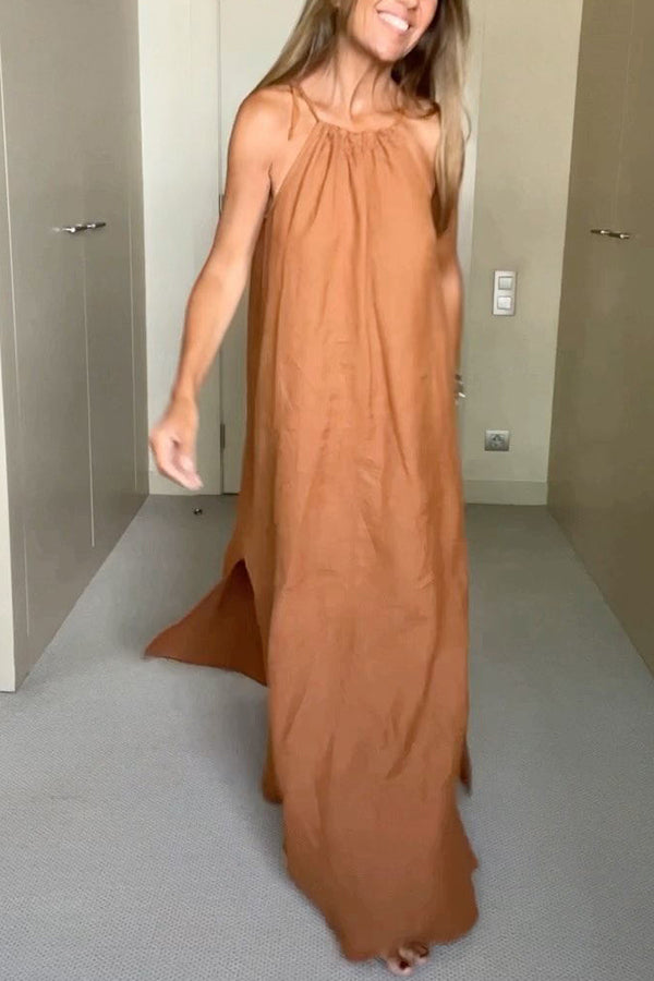 Linen Blend Halter Neck Gathered A-Line Maxi Dress