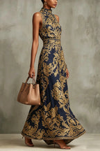 Vintage Gold Embroidered Long Dress
