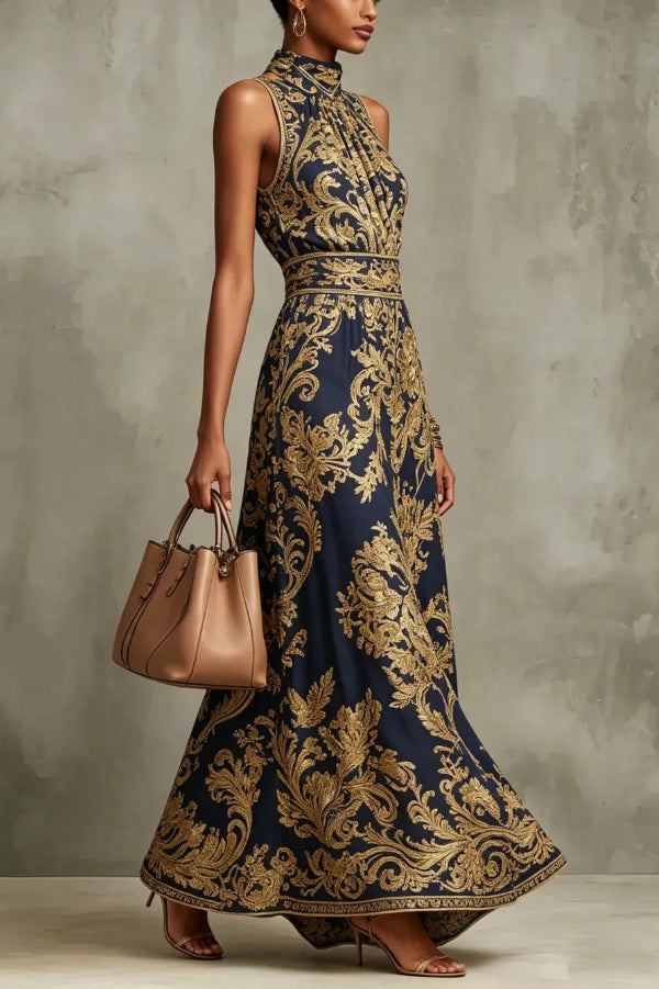 Vintage Gold Embroidered Long Dress