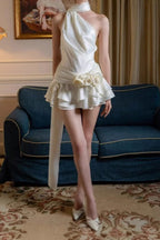 Satin Halter Neck Draped Wrap Rosette Tiered Ruffle Mini Dress