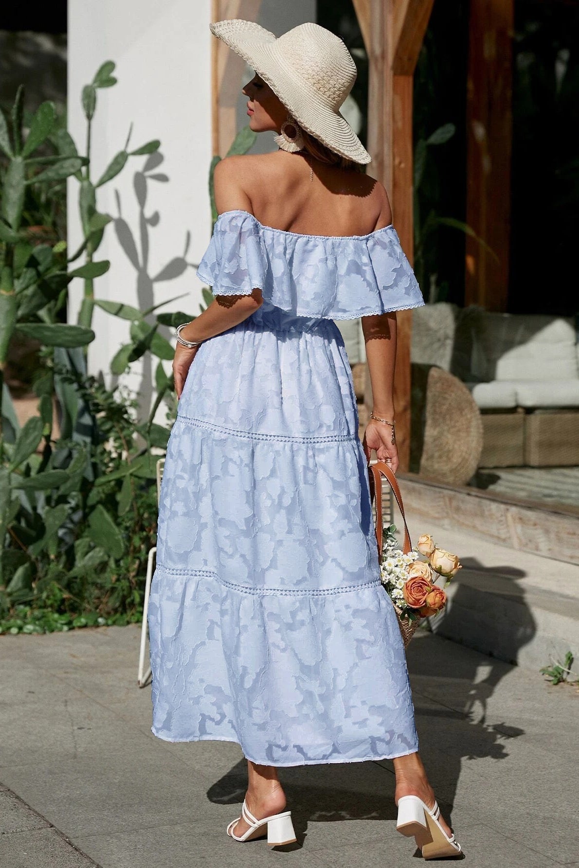 Off Shoulder Ruffle Tiered Jacquard Ladder Lace Trim Maxi Dress
