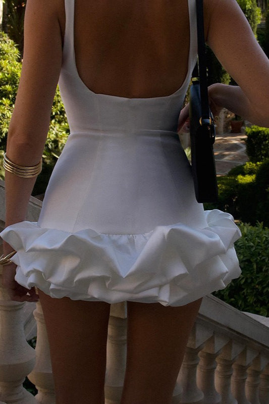 White Backless Ruching Hem Sleeveless Dress