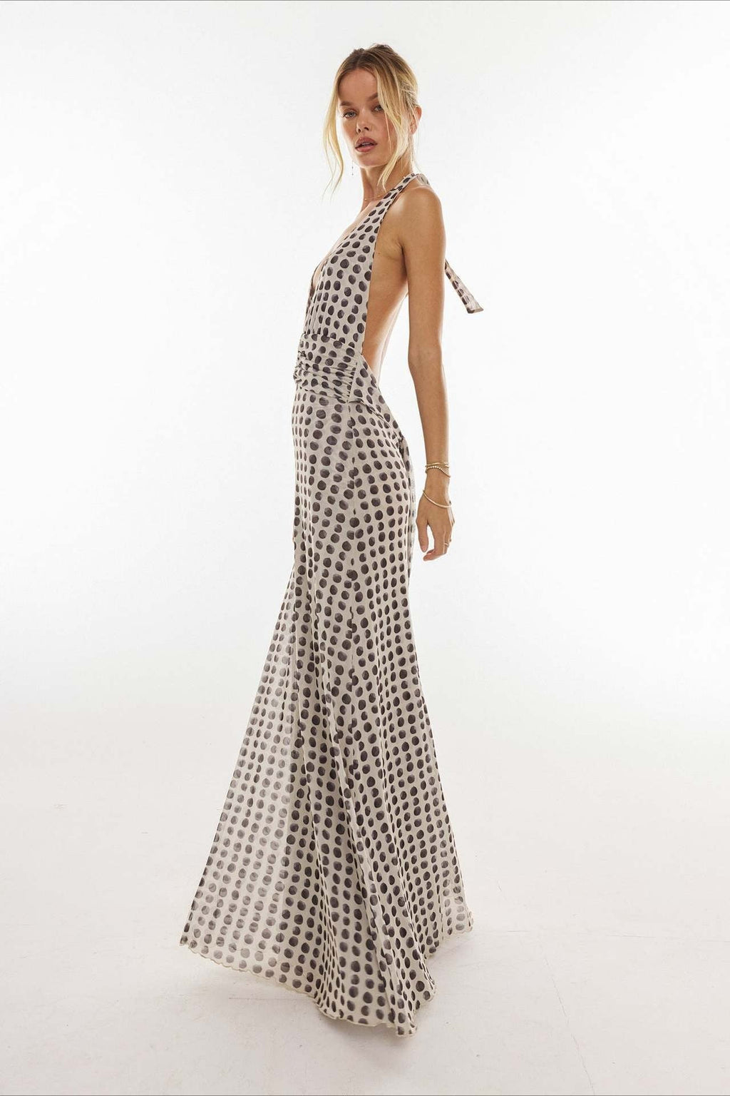 Polka Dot Halter Neck Deep V-Neck Ruched Waist Bodycon Maxi Dress