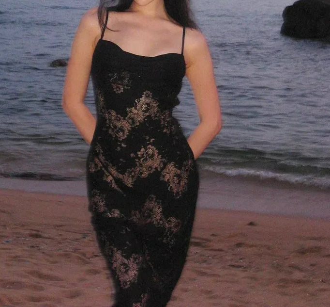 Floral Lace Spaghetti Strap Cowl Neck Bodycon Midi Dress