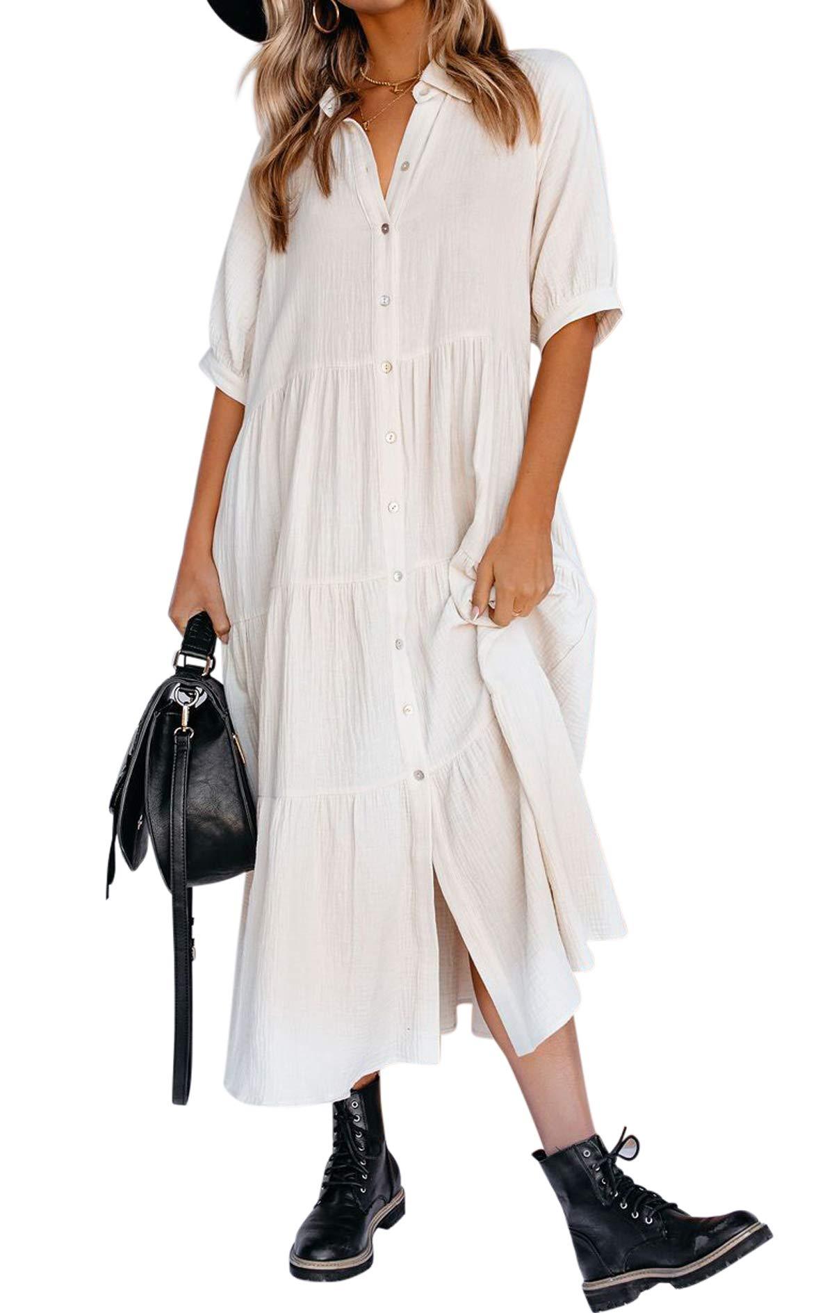 Gauze Button Front Collar Half Sleeve Tiered Pocket Midi Dress