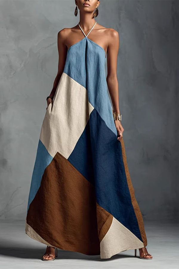 Tuscan Sun Geometric Patchwork Halter Dress
