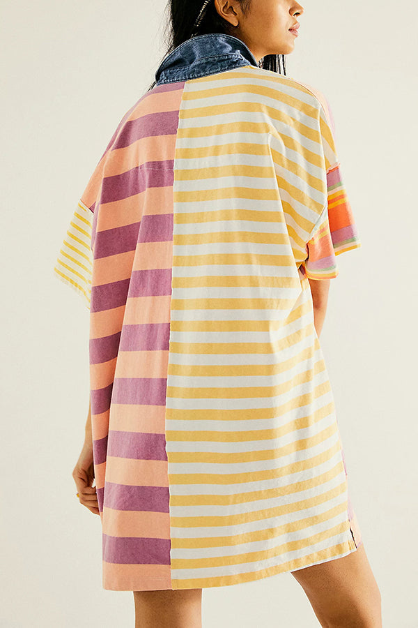 Denim Collar Striped Patchwork Polo Rugby Mini Dress