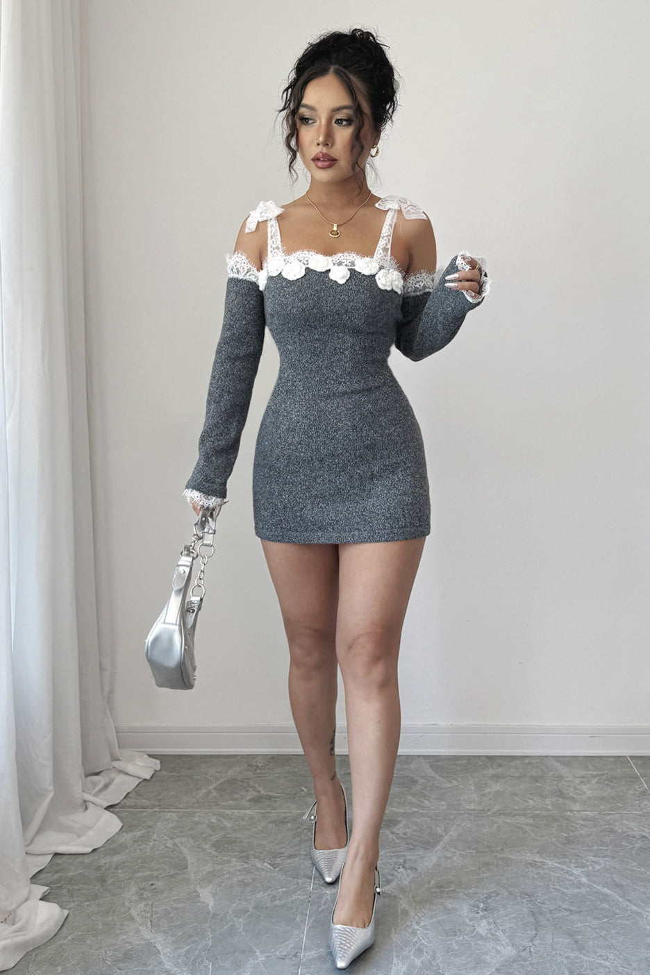 Grey Lace Trim Off Shoulder Sweater Dress