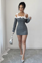 Grey Lace Trim Off Shoulder Sweater Dress