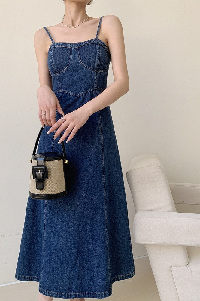 Denim Bustier Spaghetti Strap Panel Seam A-Line Midi Dress