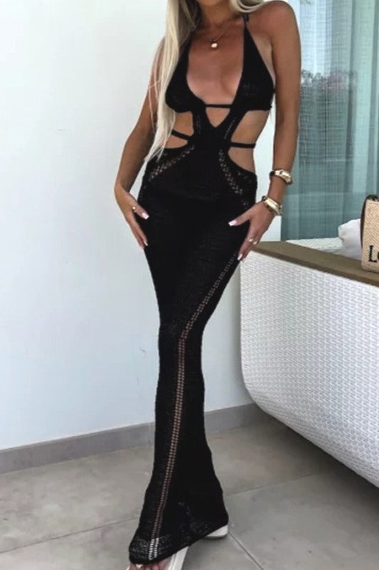 Plunging Halter Neck Crochet Waist Cut Out Open Knit Maxi Dress