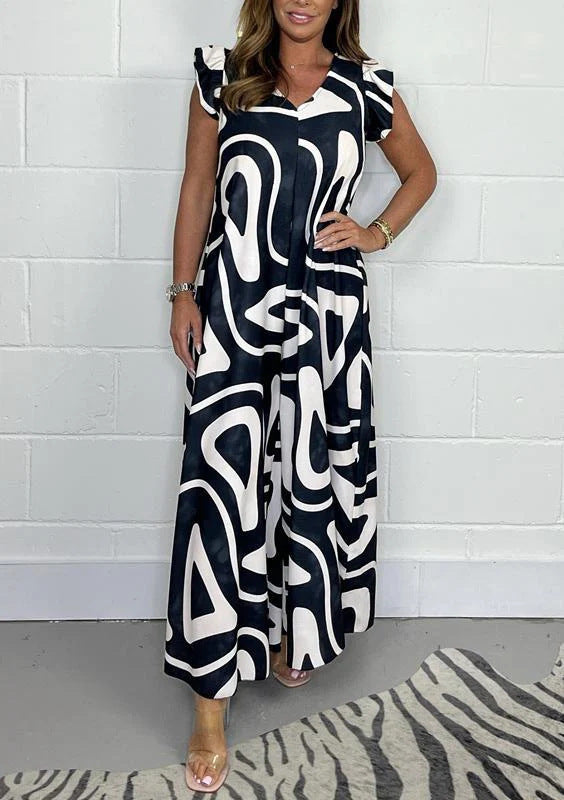 V-neck printed wide leg jumpsuit