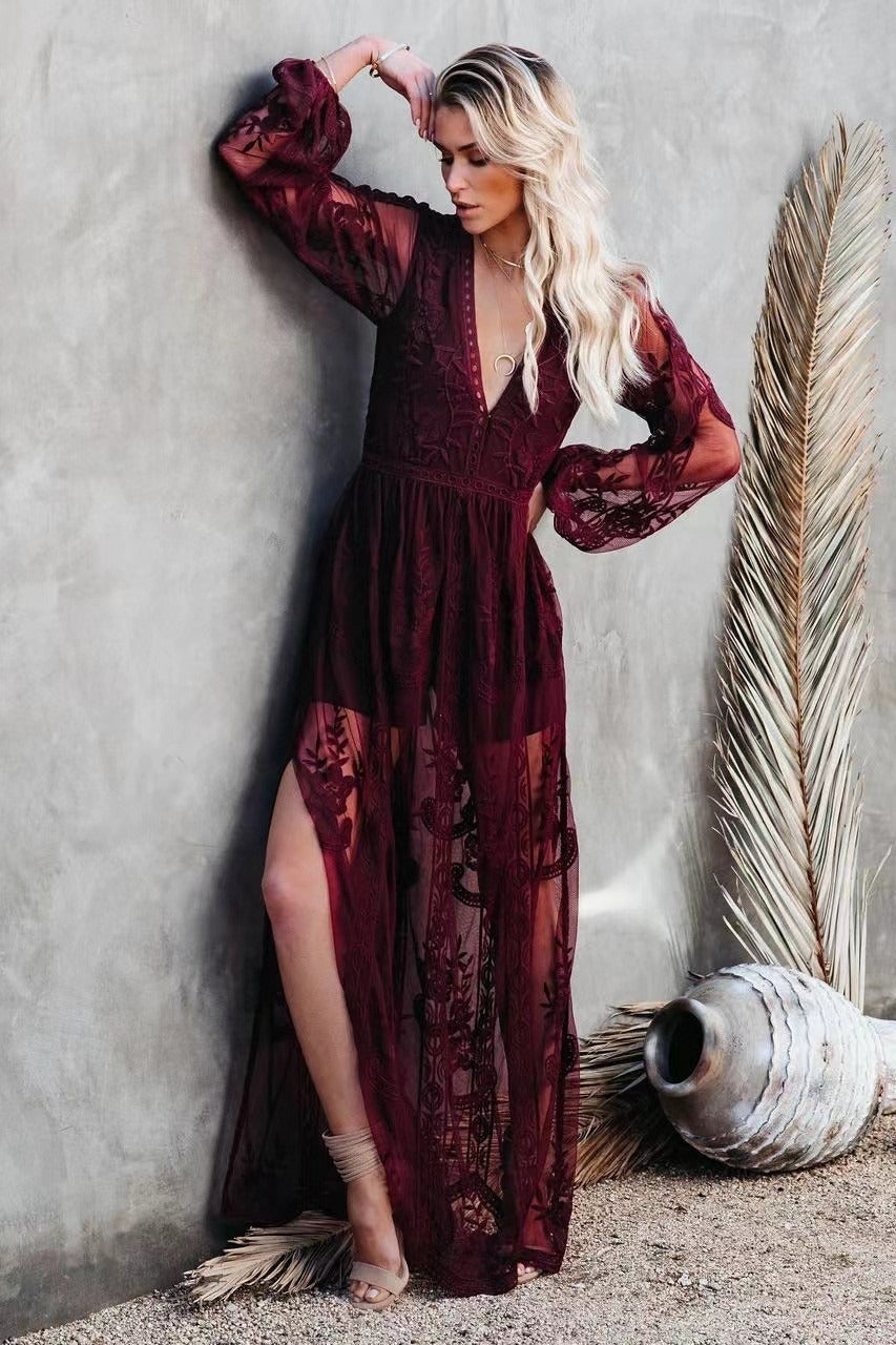 Deep V Neck Long Sleeve Floral Embroidered Mesh High Slit Maxi Dress