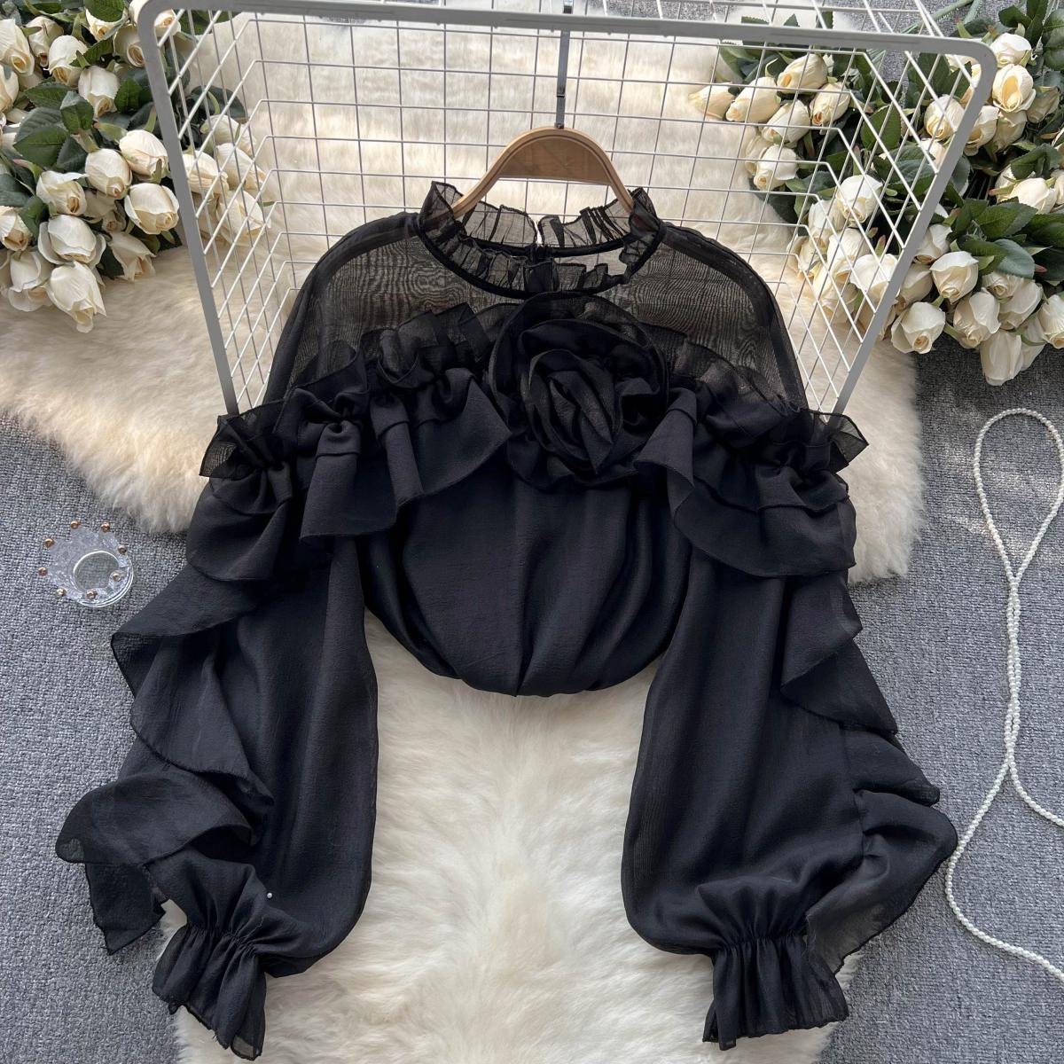 | Irregular Gathered Mesh Blouse