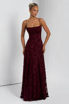 Floral Lace Cross Back Lace Up Open Back A-Line Maxi Gown