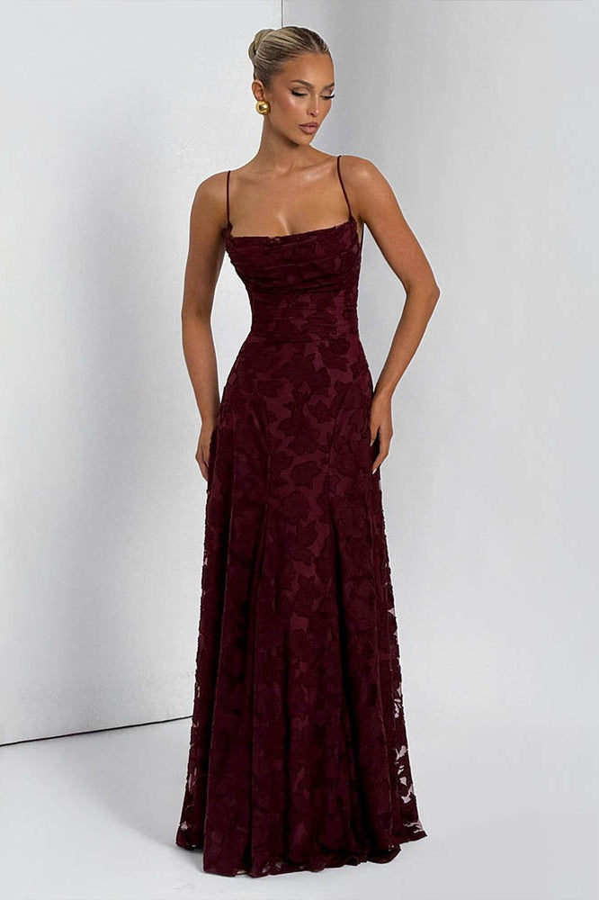 Floral Lace Cross Back Lace Up Open Back A-Line Maxi Gown