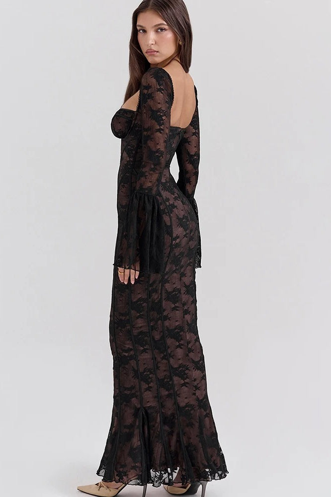 Square Sweetheart Tie Front Floral Lace Long Bell Sleeve Paneled Maxi Dress