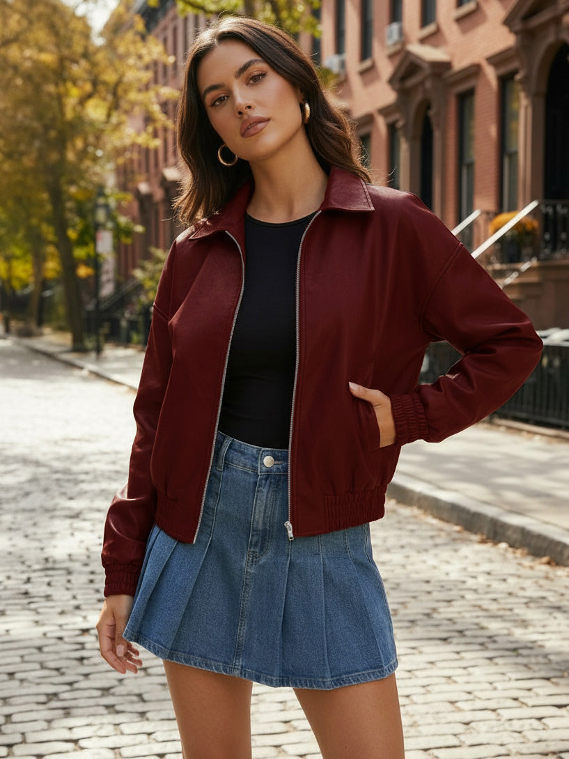 Vintage Oversized Faux Leather Bomber Jacket With Elastic Hem For Women 2026