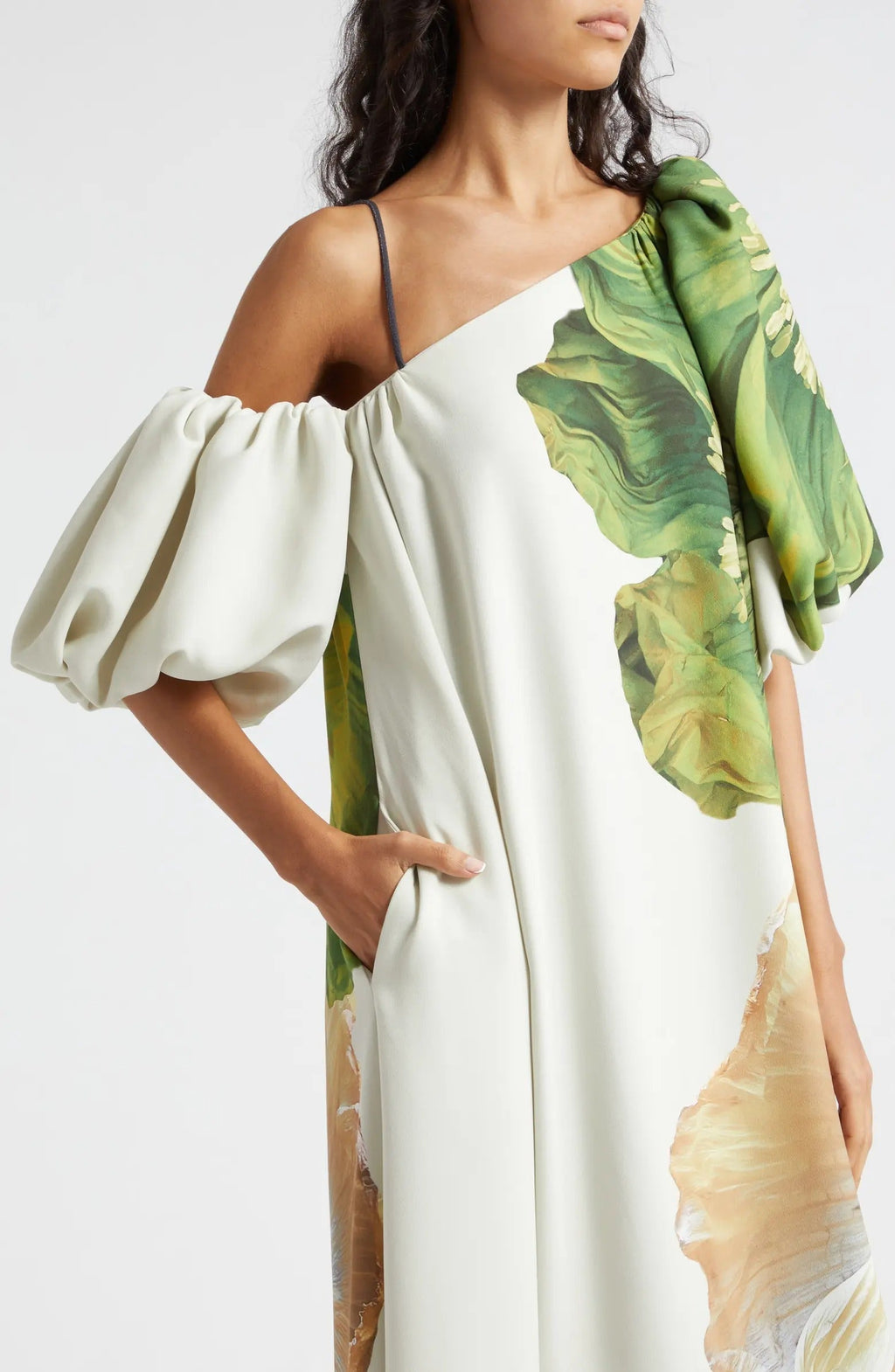 Asymmetrical Neck Puff Sleeve Oversized Floral Print Maxi Dress