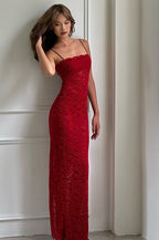 Lace Scalloped Square Neck Spaghetti Strap Bodycon Maxi Dress