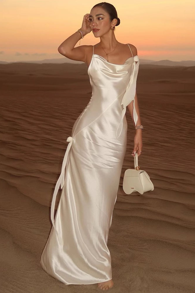 Satin Cowl Neck Rosette Applique Ribbon Tie Slip Maxi Dress