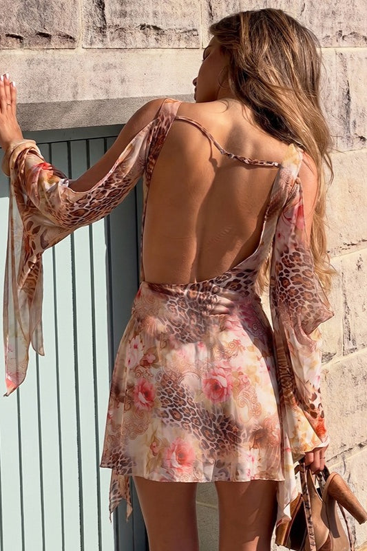 Apricot Cowl Neck Split Sleeve Print Mesh Mini Dress