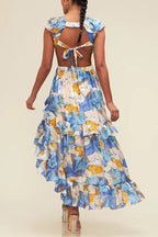 Plunging V-Neck Ruffle Tiered High-Low Floral Maxi Dress
