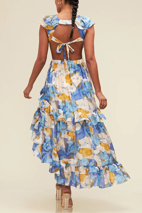 Plunging V-Neck Ruffle Tiered High-Low Floral Maxi Dress