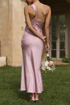 One Shoulder Draped Twist Detail Satin Ankle Length Midi Dress