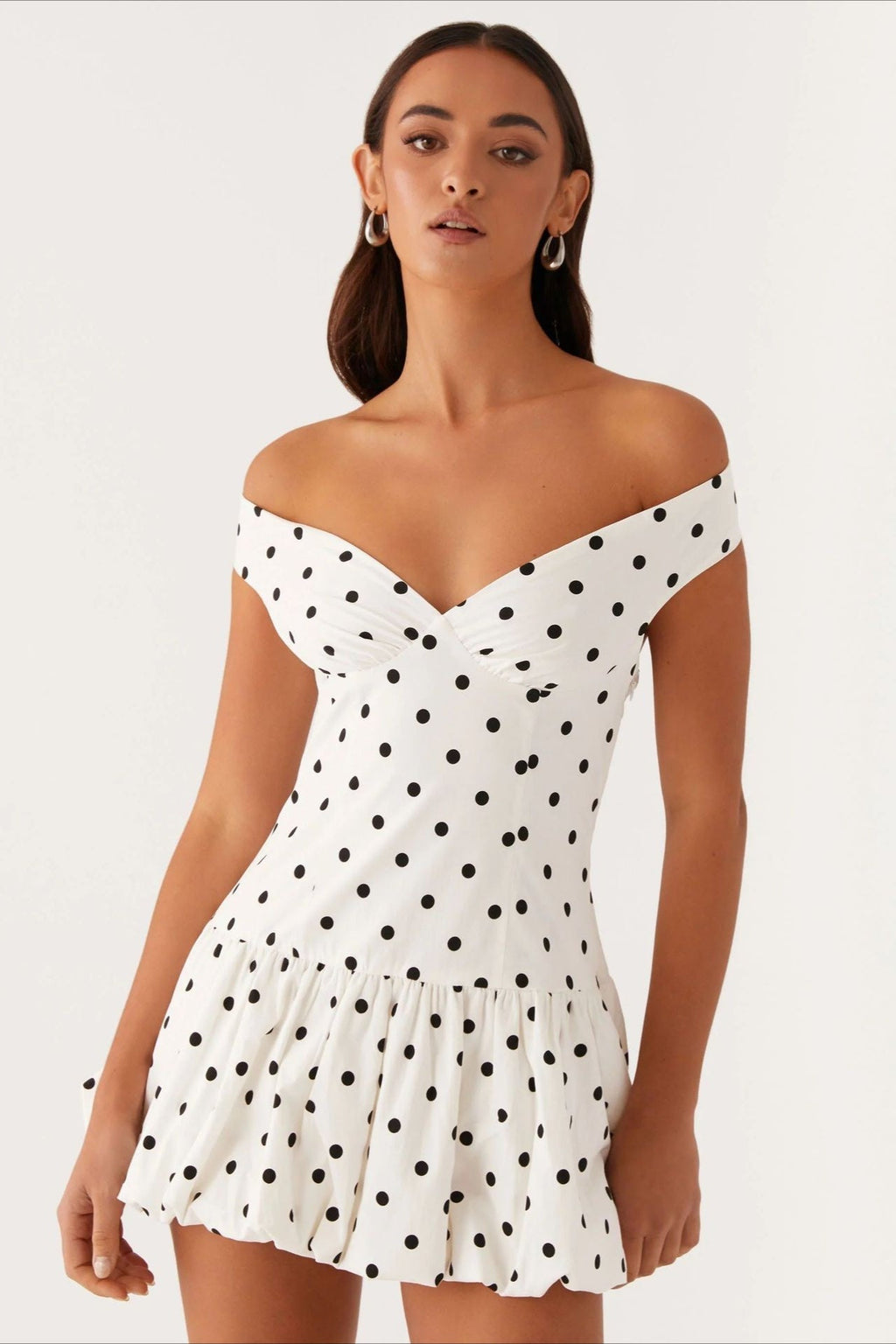 Polka Dot Off Shoulder Sweetheart Ruffle Hem Fit and Flare Mini Dress