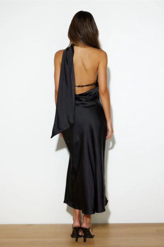 Satin Halter Neck High Split Draped Scarf Midi Cocktail Dress