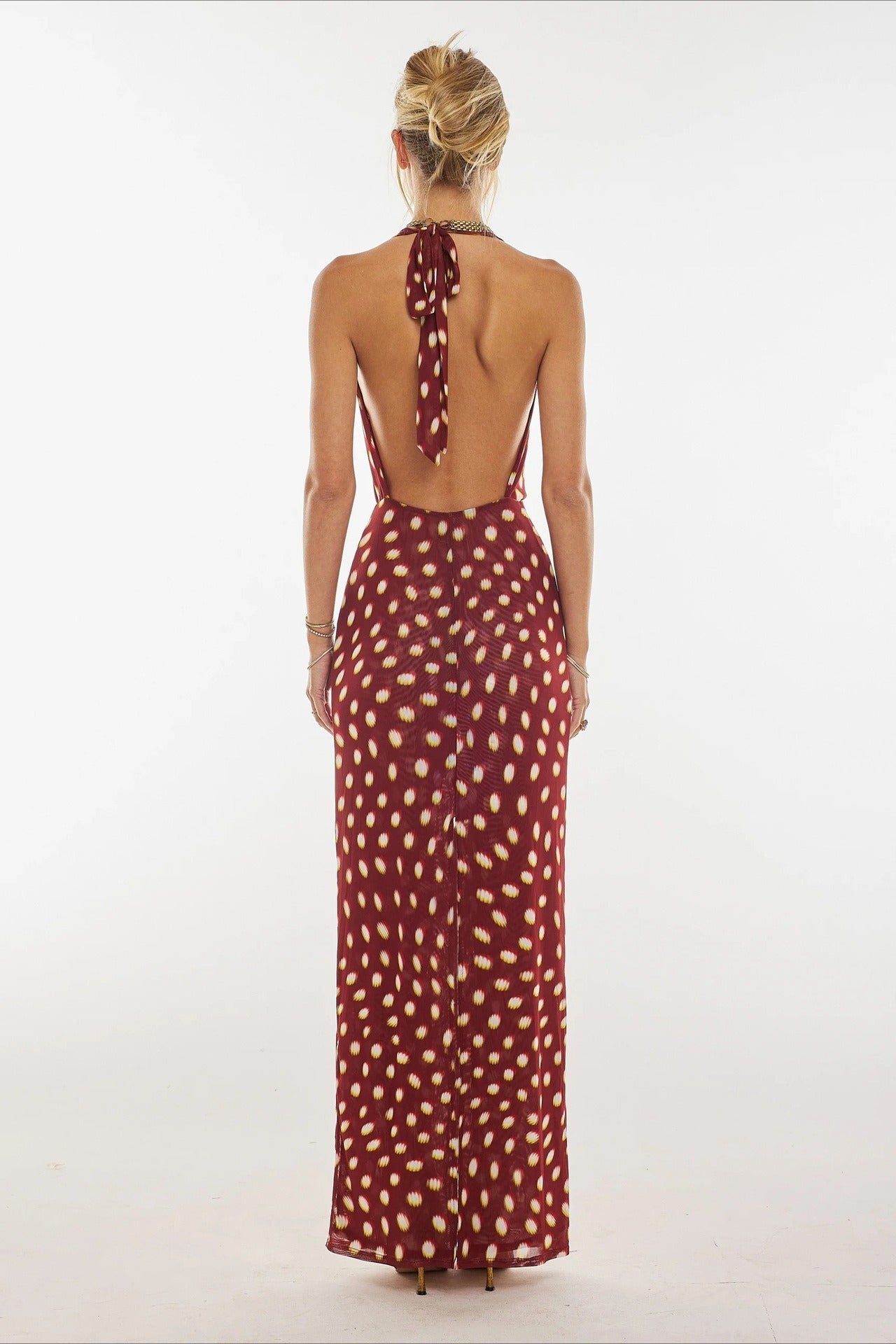 Red Halter Cowl Neck Dropped Waist Gathered Polka Dot Maxi Dress