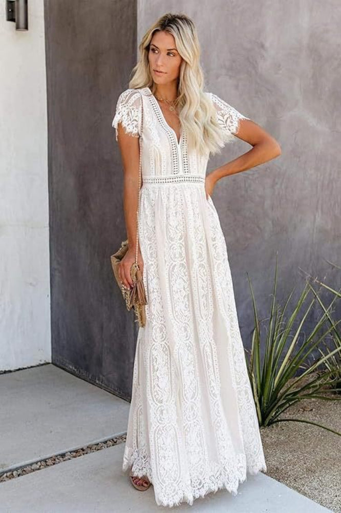 Deep V Neck Lace Cap Sleeve Empire Waist Scalloped Hem Maxi Dress