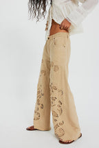 Battenburg Inspired Cutwork Detail Mid Rise Pocket Wide Leg Jeans