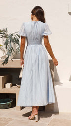 Puff Sleeve V-Neck Smocked Waist Button Front A-Line Maxi Dress
